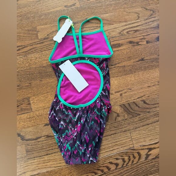 NWT New THE FINALS Athletic Racing Swimsuit Funhouse Black Purple Green White 28 - Picture 4 of 4